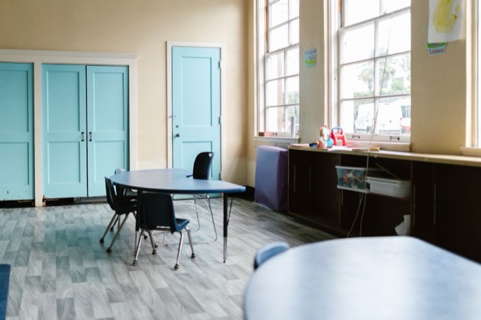 A bright, empty classroom